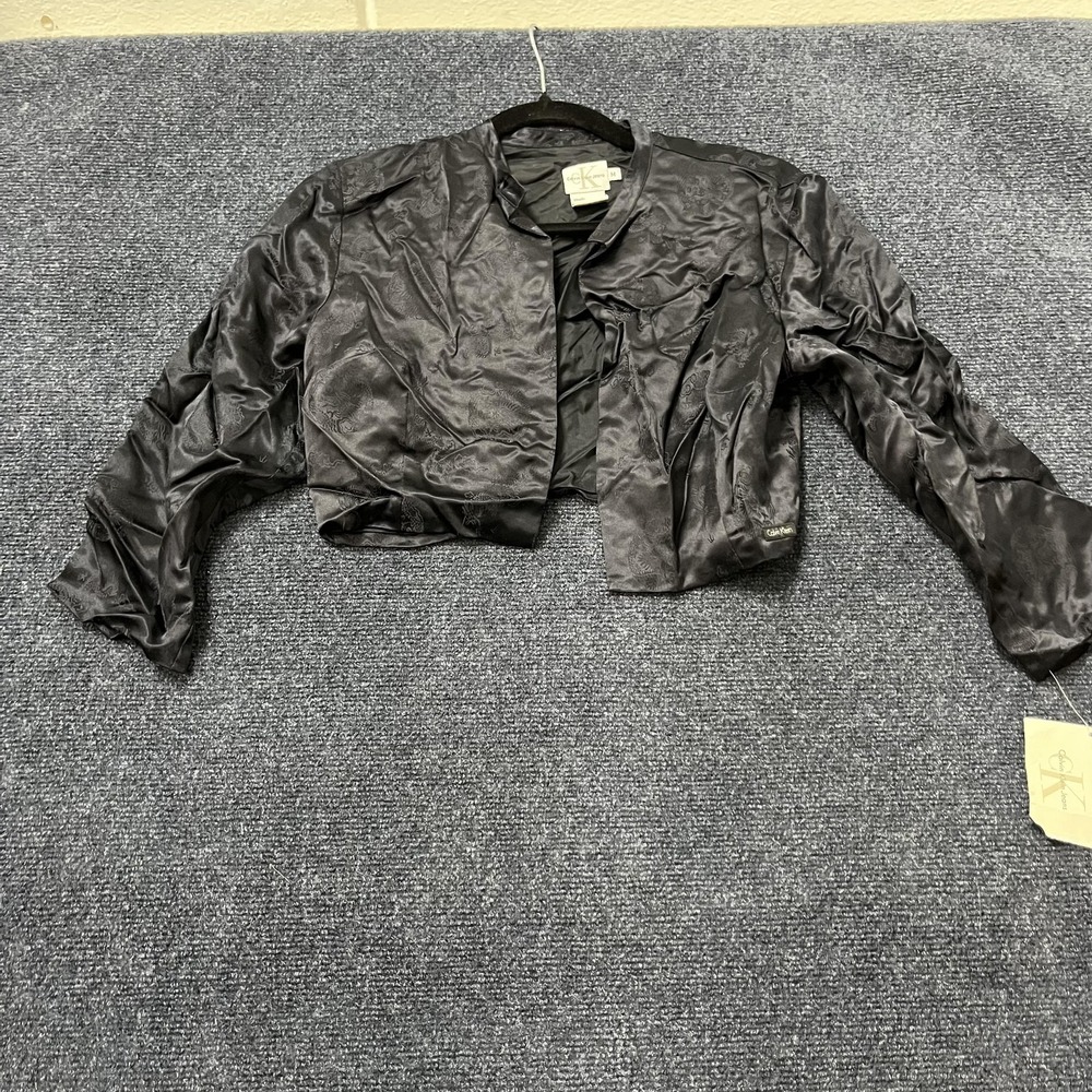 Calvin Klein Jeans Jacket Womens Medium Black Silk Cropped Bolero Dragon Dressy